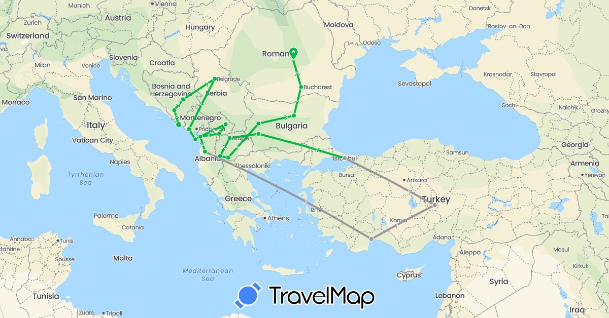 TravelMap itinerary: driving, bus, plane in Albania, Bosnia and Herzegovina, Bulgaria, Croatia, Montenegro, Macedonia, Romania, Serbia, Turkey, Kosovo (Asia, Europe)